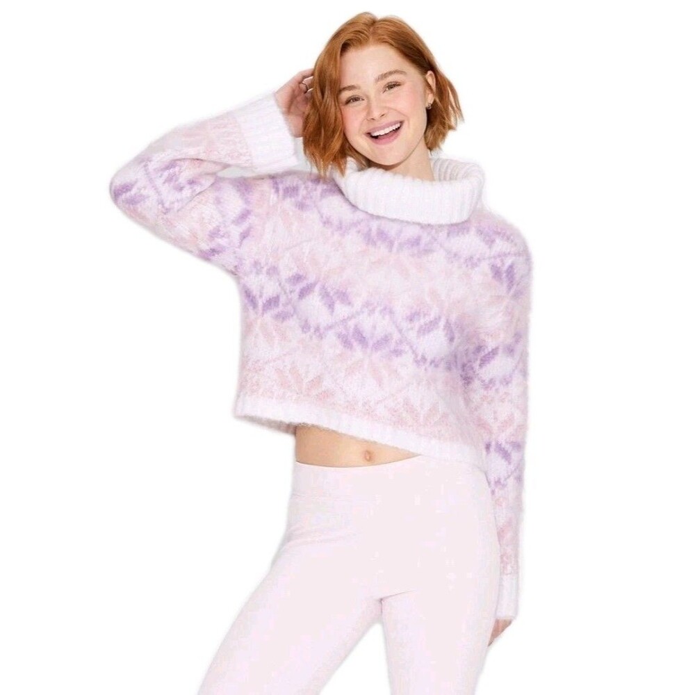 Women's Fair Isle Turtleneck Fuzzy Pullover Sweater Pink Purple Wild Fable NWT